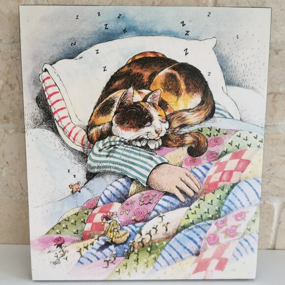 Sleeping Cat Gary Patterson Plaque Art Print Sandman Bedtime Cat Nap Calico - Picture 1 of 7